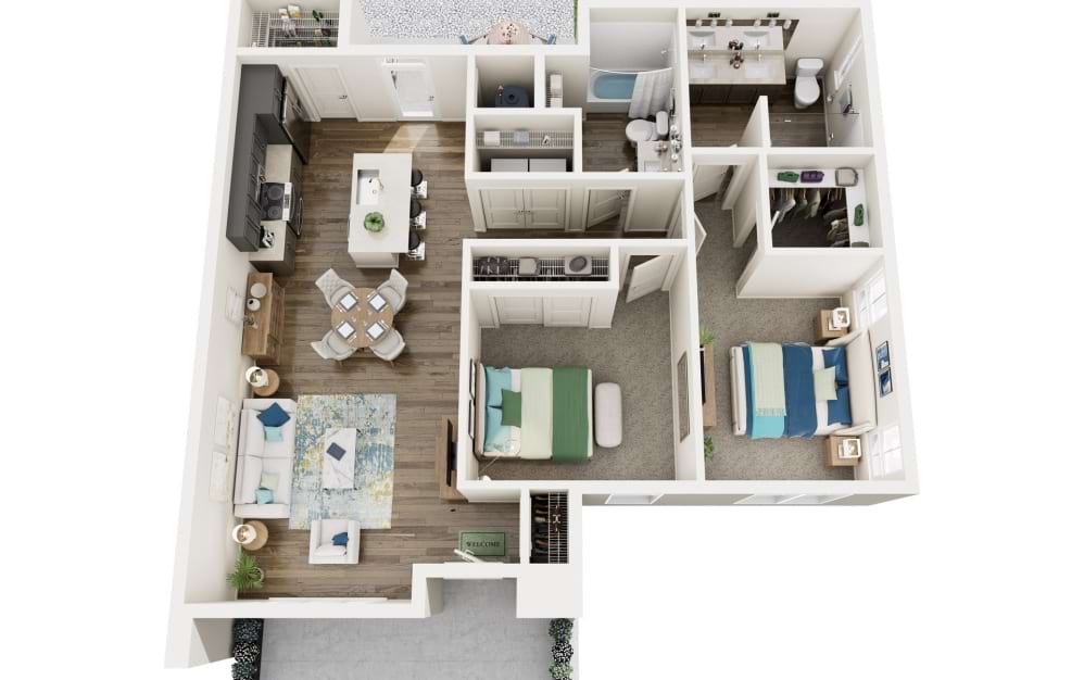 The Stride - 2 bedroom floorplan layout with 2 bathrooms and 1073 square feet